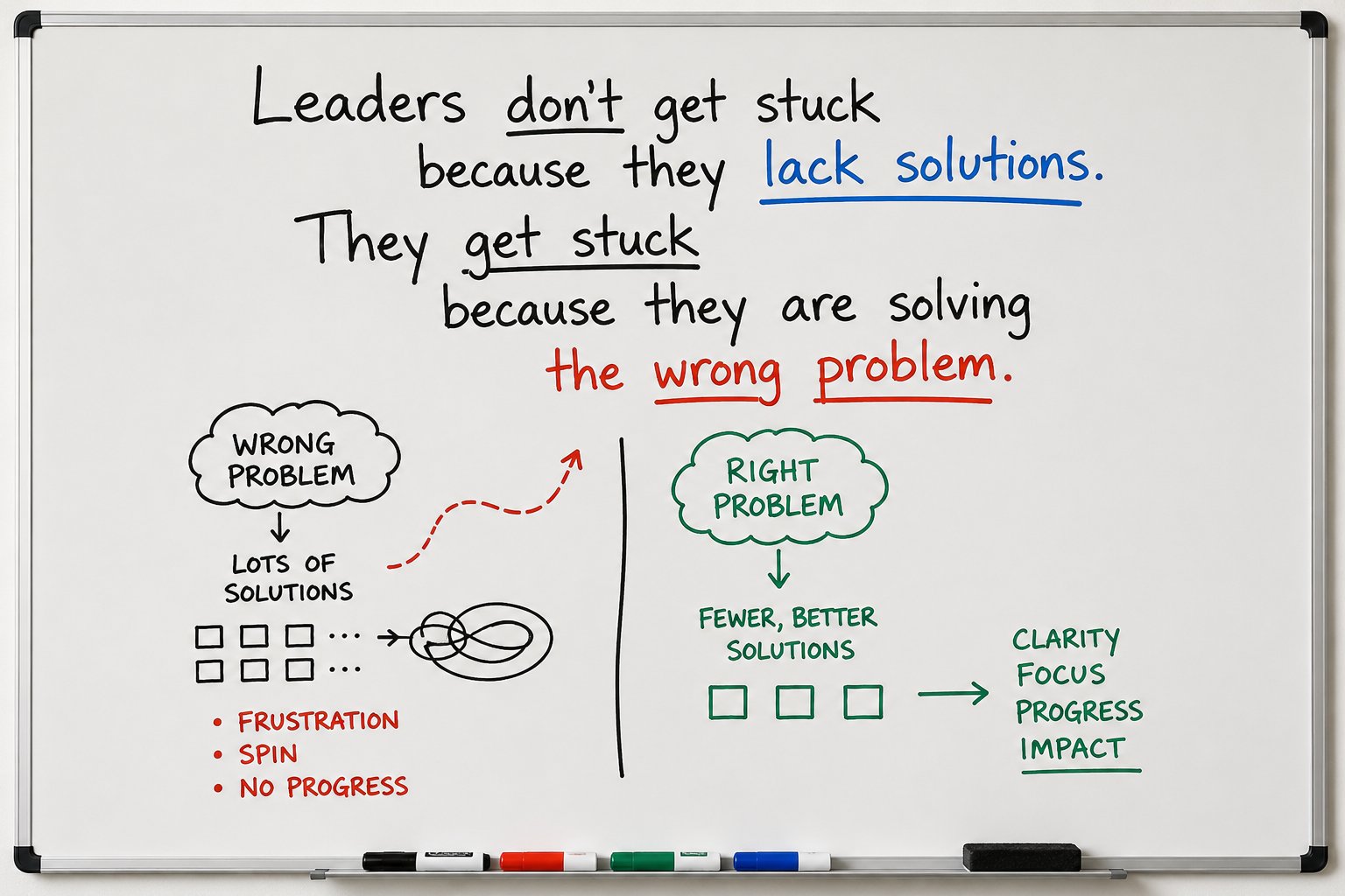 Leaders don't get stuck because they lack solutions. They get stuck because they are solving the wrong problem. Wrong problem leads to lots of solutions, frustration, spin, no progress. Right problem leads to fewer, better solutions, clarity, focus, progress, impact.